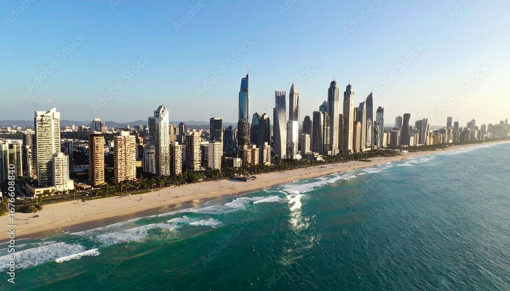 Obraz premium Aerial panoramic view of a modern coastal city skyline with towering skyscrapers, a pristine sandy beach, and turquoise ocean waves.