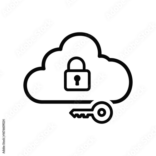 Cloud Security: An emblematic vector illustration showcasing a digital cloud interwoven with a padlock and key, representing the concept of data security and protected cloud services.