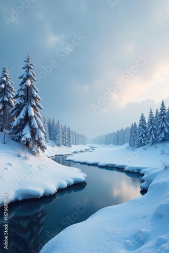 Wallpaper Mural A stark, icy landscape under a bleak winter sky Frozen lake, snow-covered trees, and a desolate, cold atmosphere convey a sense of isolation and winter's harsh beauty , quiet, outdoors, wintery Torontodigital.ca