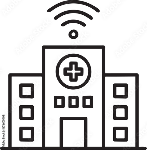 Hospital building with WiFi signal line icon vector icon on white background.