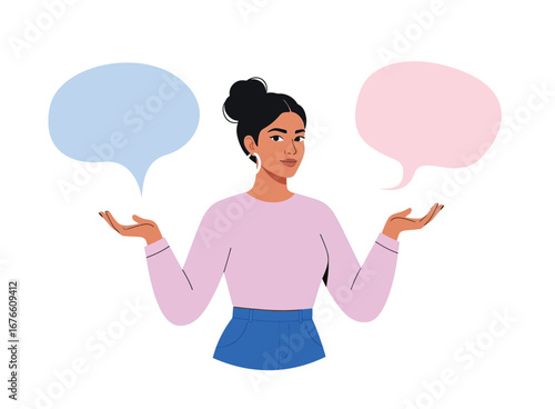 Puzzled confused person with concept questions. Business woman doubting, deciding, setting priorities. Make choice, decision. Employee thinking, analyzing two options flat vector isolated