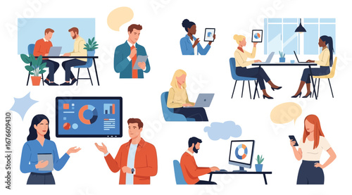 People using gadgets set. Business men, women work online, surfing internet with desktop computer, laptop, mobile phone, tablet PC. Flat graphic vector illustrations isolated on white background