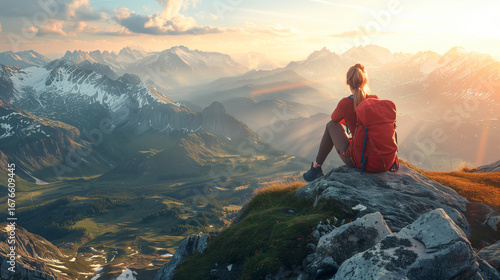 Traveler Resting on Mountain Peak with Panoramic View
Hiker Sitting on Rock Overlooking Scenic Landscape