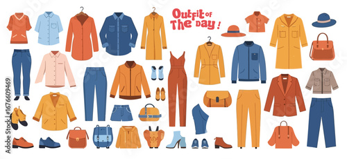 Fashion clothes set. Garment, accessory for men, women. Different apparel collection. Modern casual dress, pants, jacket, shoes and bags. Flat graphic vector illustration isolated on white background