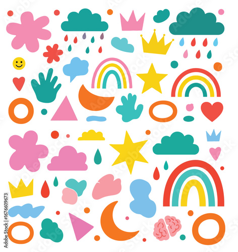 Colorful abstract pattern with rainbows, stars, clouds, crowns, hearts, and playful geometric shapes on white background.