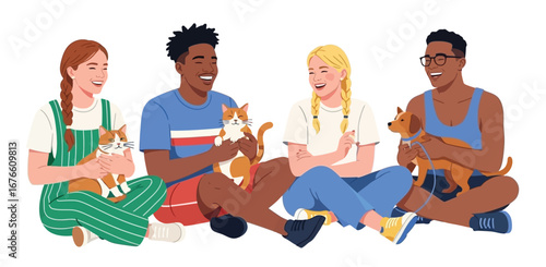 Group of happy friends sitting together, smiling and cuddling adorable cats and dogs in joyful harmony.
