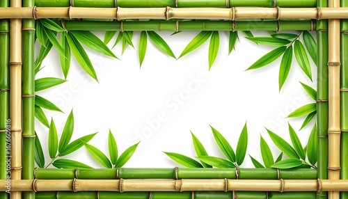 Bamboo frame with green leaves surrounding a blank white space, ideal for nature-themed designs