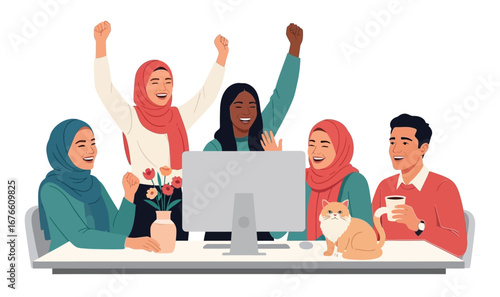 Happy business team, colleagues rejoicing success, achievement, victory, progress at work together. Good successful teamwork concept. Flat graphic vector illustration isolated on white background