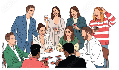 Family card games. Playing home on table with dice boards, active parents friends play fun game children, father mother player, kid talk drink tea, flat splendid vector