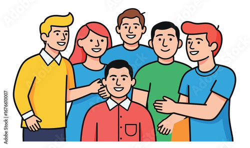 Group of diverse friends standing close together, smiling happily, showing unity, friendship, and positive social connection.