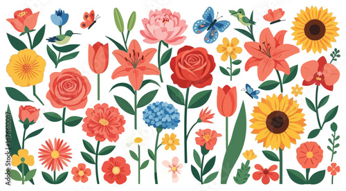 Colorful collection of blooming flowers, butterflies, and hummingbirds illustrated in vibrant flat style for decorative design.