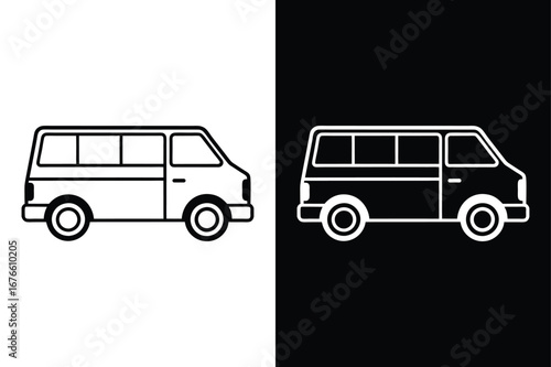 Black and White Minivan Line Drawing. Clean Vector Icon Design