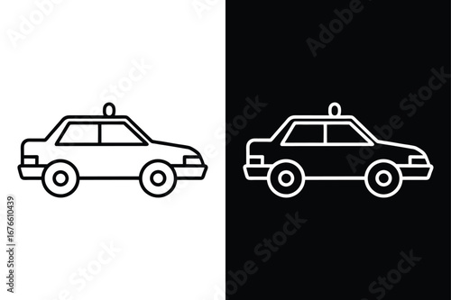 Police Car Icon in Line Art. Minimalist Vector Illustration Black White