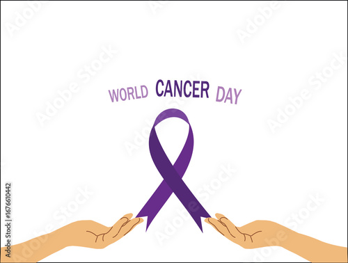 A purple ribbon is centered between two open hands, representing support and hope for cancer awareness and fundraising efforts.