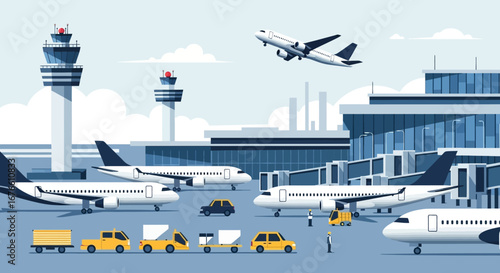 Airport scene with planes, control towers, vehicles, and personnel in a stylized illustration