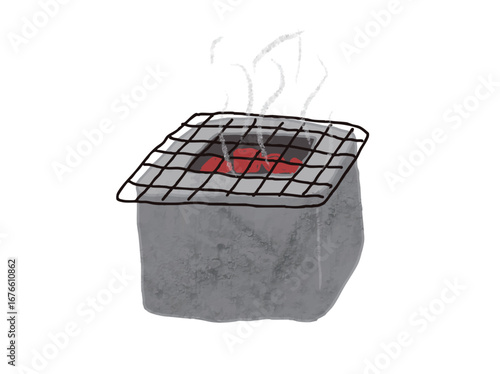 Illustration of a charcoal grill with hot charcoal grilled over it