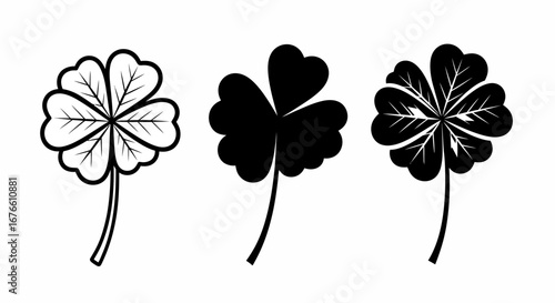 Three clover illustrations: one outlined four-leaf clover, one solid black three-leaf clover, and one solid black four-leaf clover with leaf detail.