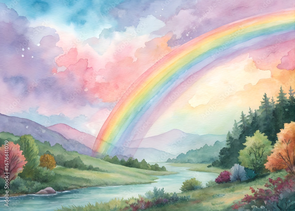 Obraz premium A Vibrant Watercolor Landscape with a Majestic Rainbow Arching Across the Sky