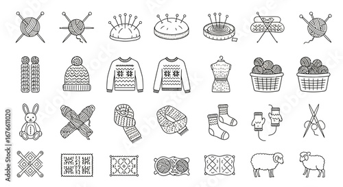 Line art illustration featuring a collection of knitting and sewing related items, including yarn, needles, sweaters, mannequins, sheep, and other crafting tools.
