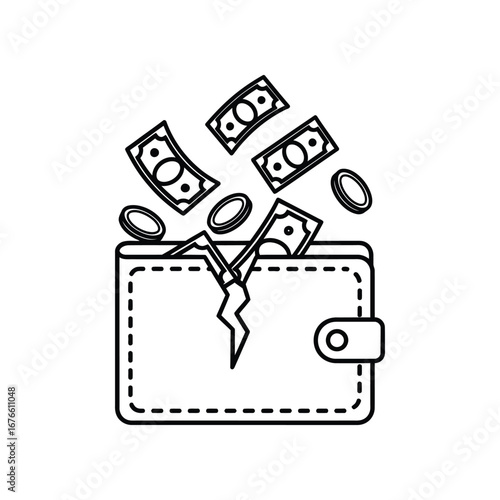 Empty Wallet: Conceptual artwork illustrates a damaged wallet with money and coins spilling out, symbolizing financial hardship and economic loss.