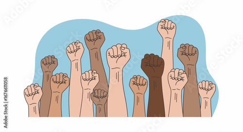 A diverse group of raised fists symbolizing unity, strength, and solidarity against a light blue background.
