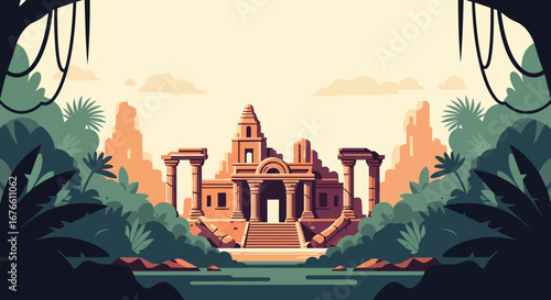 Ancient temple ruins with jungle foliage, stylized illustration, warm color palette