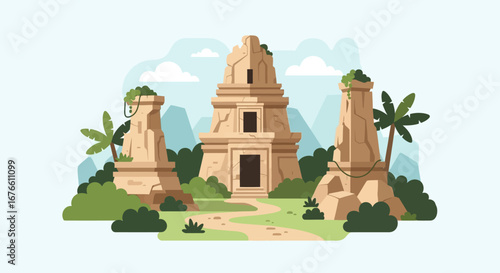 Ancient Temple Ruins with Lush Vegetation and Tropical Landscape Illustration