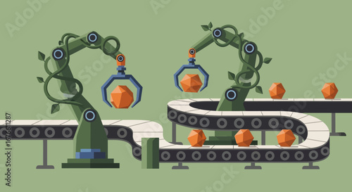 Automated Production Line with Robotic Arms and Geometric Objects