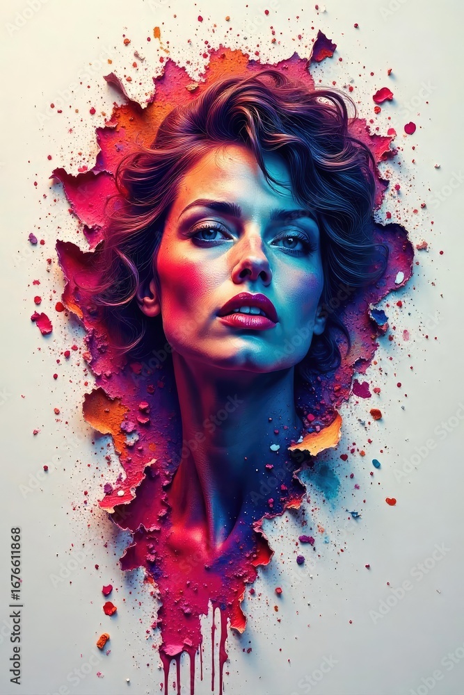 Fototapeta premium A vibrant color image is violently ripped and torn apart, revealing underlying textures and a chaotic blend of fragmented hues The destruction is dramatic and visually striking , split, visual