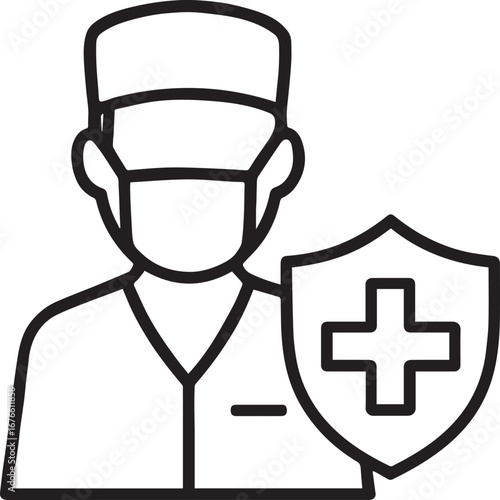 Surgeon with protective shield icon line Vector icon on white background