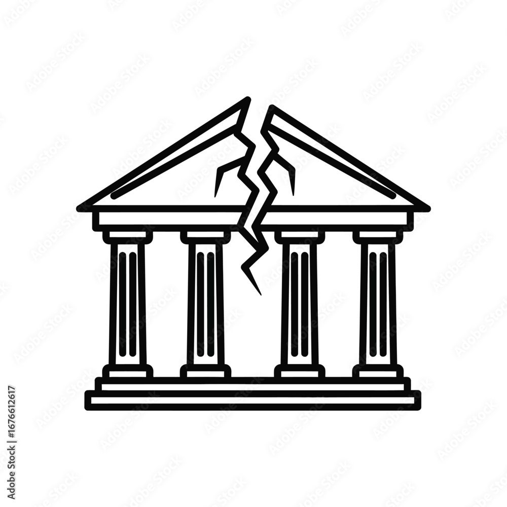 Fototapeta premium Cracked Building: A stark black-and-white illustration of a classically styled building, bisected by a dramatic crack, symbolizing fragility and potential collapse. 