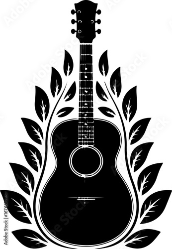 Acoustic Guitar with Decorative Leafy Vines Silhouette" Vector