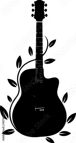 Acoustic Guitar with Decorative Leafy Vines Silhouette" Vector