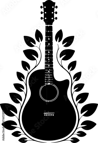 Acoustic Guitar with Decorative Leafy Vines Silhouette" Vector