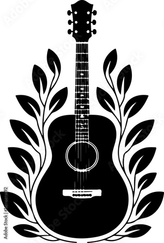 Acoustic Guitar with Decorative Leafy Vines Silhouette" Vector