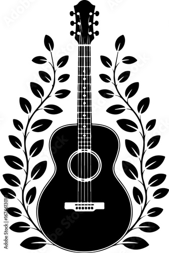 Acoustic Guitar with Decorative Leafy Vines Silhouette" Vector