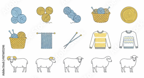 A collection of vector illustrations depicting knitting related items: yarn balls, needles, knitted fabric, sweaters, sheep, and a basket.