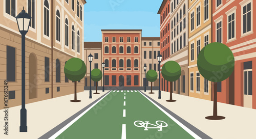 Cartoon city street with bike lane, buildings, trees, and vintage streetlights