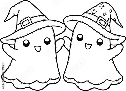 Cute ghosts wearing witch hats outline doodle cartoon illustration. Halloween coloring book page activity for kids and adults
