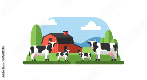 Cartoon cows with black and white spots graze near a red barn