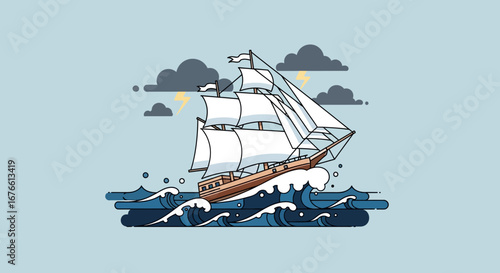 Cartoon frigate sailing through stormy seas with lightning and dark clouds