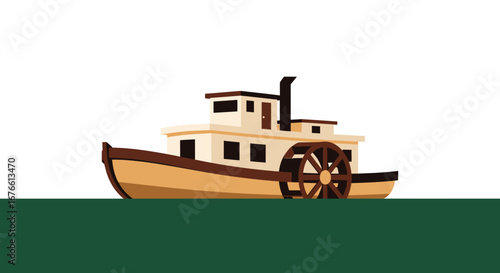Cartoon Paddle Steamer Boat with Detailed Wheel and Chimney
