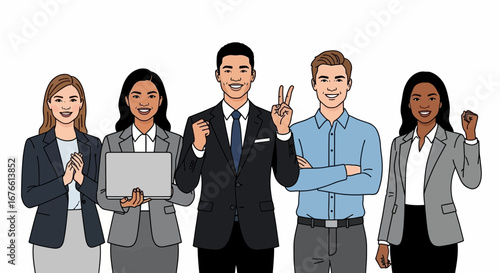 Diverse group of business professionals celebrating success, including clapping, holding a laptop, making peace sign, and raising a fist.