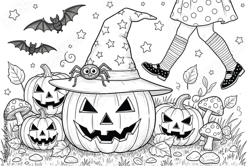 Halloween coloring page with little witch chasing her hat, pumpkins, bats, spider