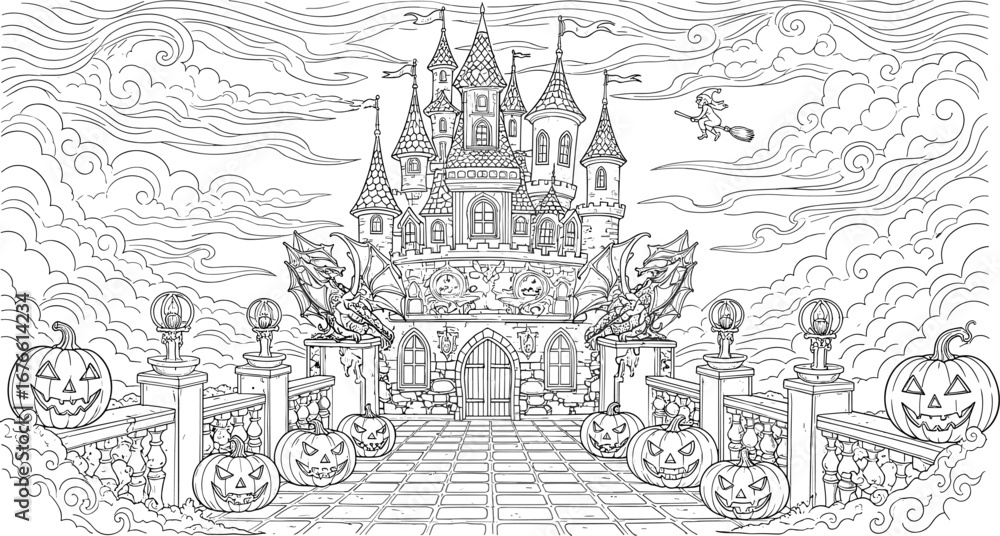 Obraz premium Black and White Line Art Halloween Castle & Pumpkin Coloring Page