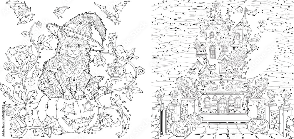 Fototapeta premium Halloween coloring pages with cat on pumpkin, bats, horror spooky castle at night