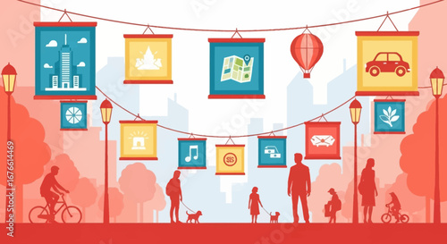 Cityscape Street Scene with Hanging Icon Panels and Silhouetted Figures