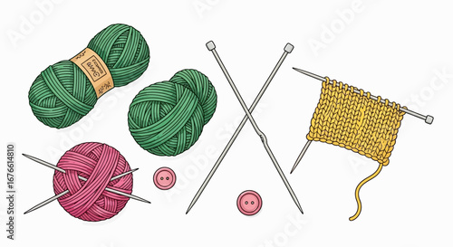 Illustration of knitting supplies, including balls of yarn in green and pink, knitting needles, buttons, and a knitted swatch.