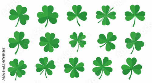 Fifteen green shamrocks and four-leaf clovers arranged on a white background, symbolizing St. Patrick's Day and good luck.