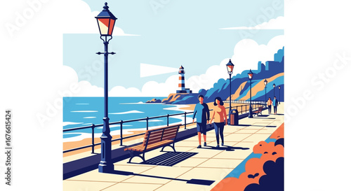 Coastal Promenade Scene with Lighthouse and Couple Walking